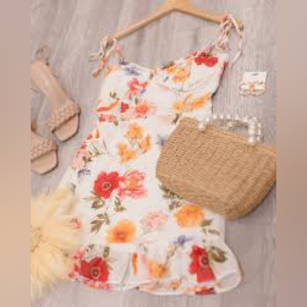 Beivy Ivory Floral Tie Strap Sweetheart Ruffle Mini Dress Size L